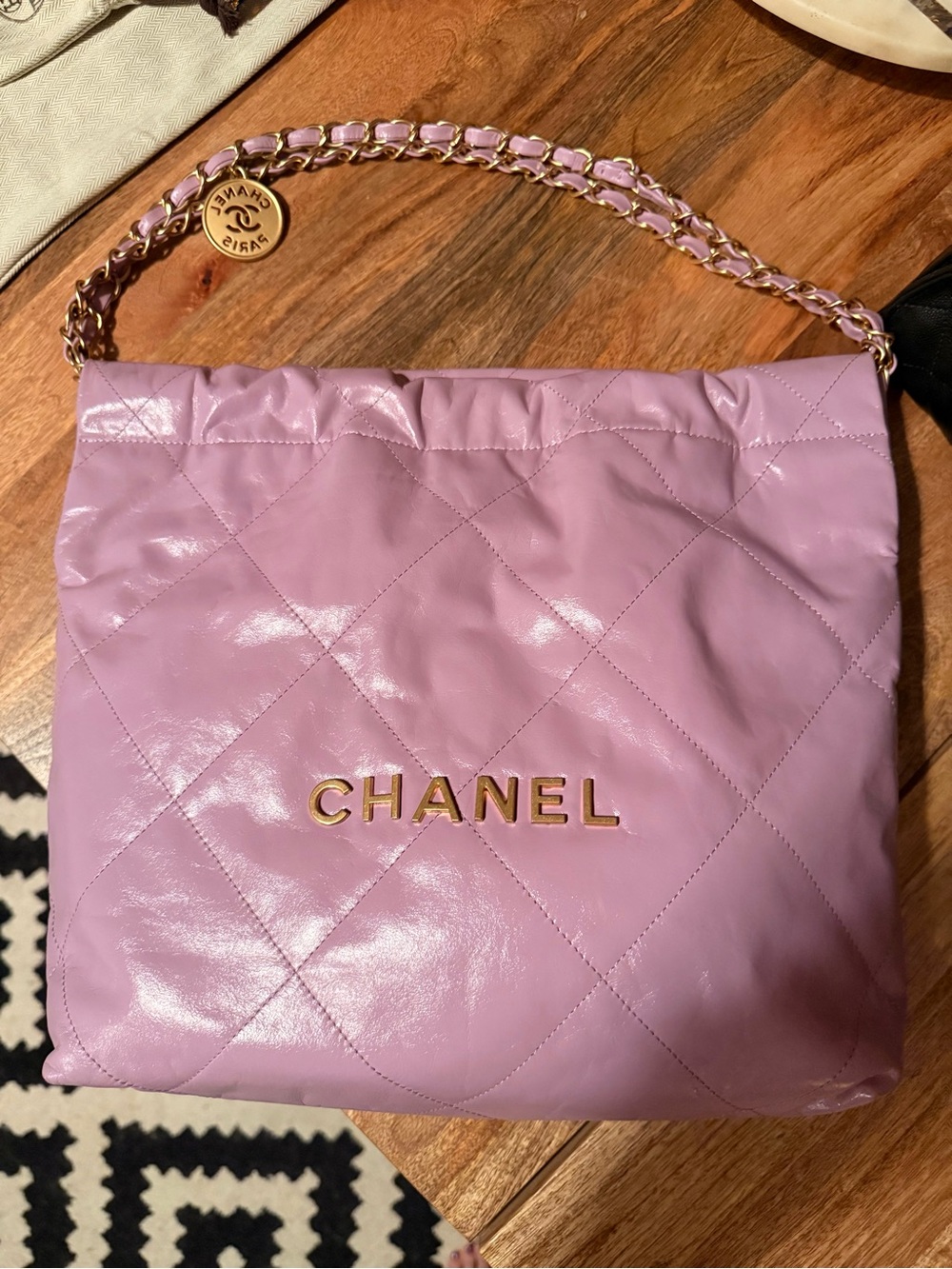 Lavender Leather Quilted Shoulder Bag Gold Hardware